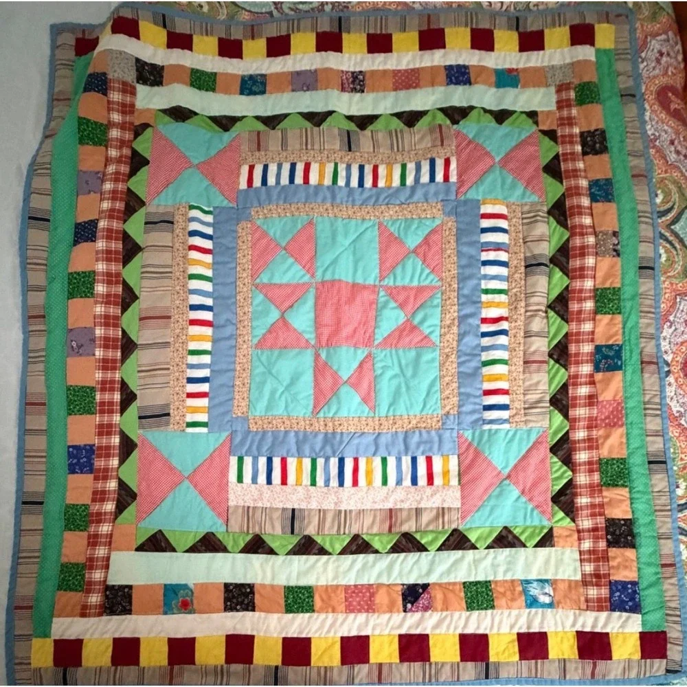 Handmade Patchwork Star Block Quilt 52x56 Throw Blanket Cottage Farmhouse Folk